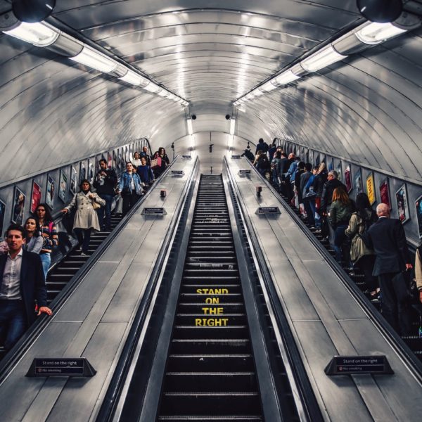 Rush hour in London Underground. Stand on the Right