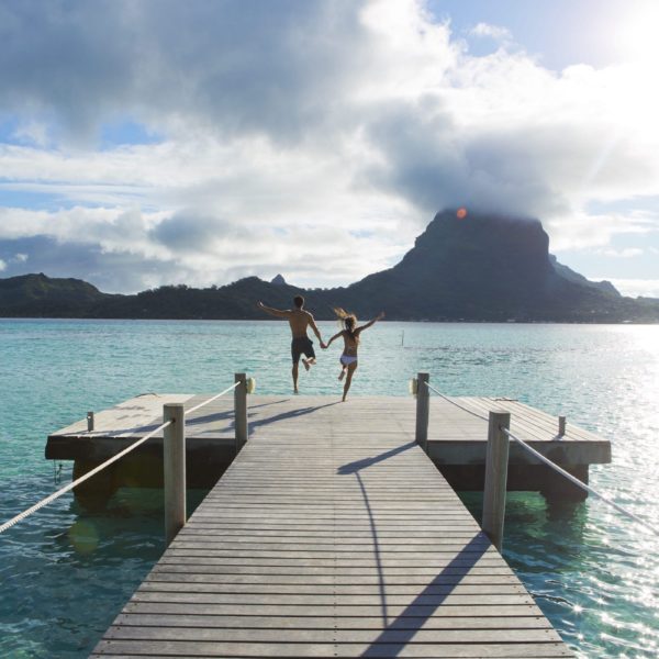 Tahiti Bora Bora Romantic Couple Luxury Vacation Honeymoon Pier Jumping Diving