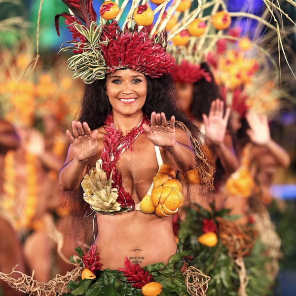 Tahiti - Woman Dressed in Traditional Fruit and Leaves