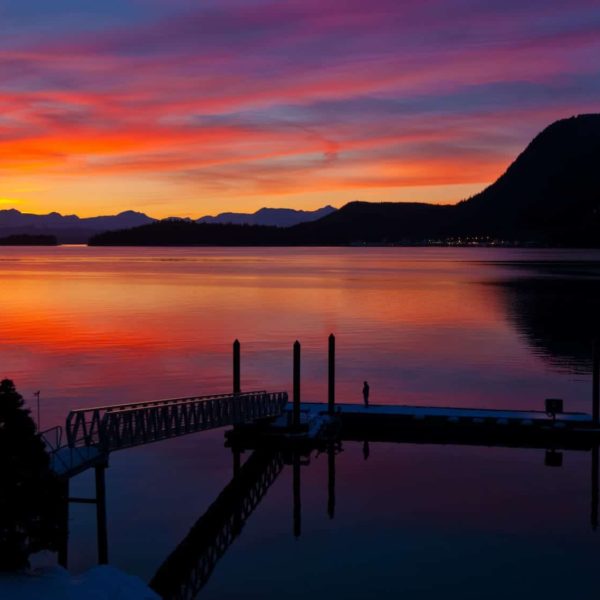 Alaska Luxury Vacation Juneau Water Sunset Reflection Dock Red