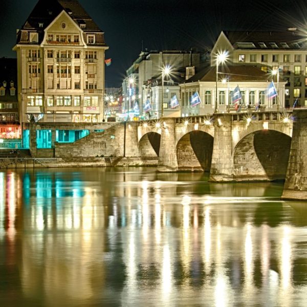 Europe Luxury Switzerland Vacation Basel Rhine Night Lights Mirroring Gold